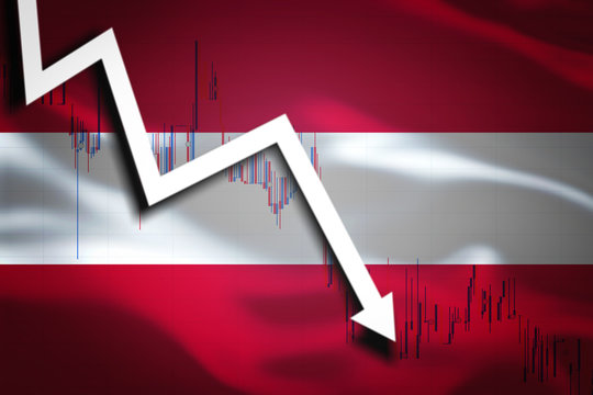 White arrow and stock chart fall down on the background of the waving flag of Austria