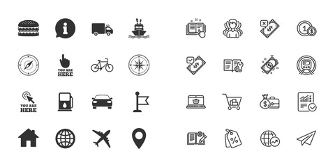 Set of Navigation and Gps icons. Windrose, Compass and Burger signs. Bicycle, Ship and Car symbols. Location pointer and flag. Paper plane, report and shopping cart icons. Group of people. Vector