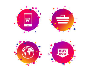 Online shopping icons. Smartphone, shopping cart, buy now arrow and internet signs. WWW globe symbol. Gradient circle buttons with icons. Random dots design. Vector