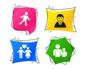 Businessman person icon. Group of people symbol. Man love Woman or Lovers sign. Caution slippery. Geometric colorful tags. Banners with flat icons. Trendy design. Vector