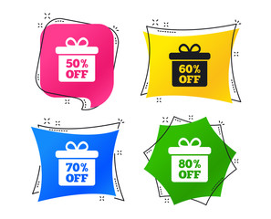 Sale gift box tag icons. Discount special offer symbols. 50%, 60%, 70% and 80% percent off signs. Geometric colorful tags. Banners with flat icons. Trendy design. Vector