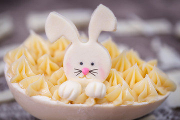 Easter egg with chocolate bunny, fun egg with decorative easter bunny.