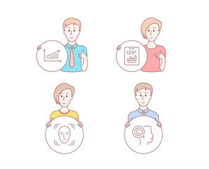 People hand drawn style. Set of Chart, Face detection and Report document icons. Writer sign. Presentation chart, Detect person, Page with charts. Copyrighter.  Character hold circle button. Vector