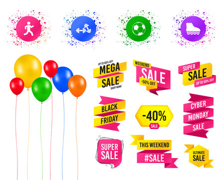 Balloons party. Sales banners. Football ball, Roller skates, Running icons. Fitness sport symbols. Gym workout equipment. Birthday event. Trendy design. Vector