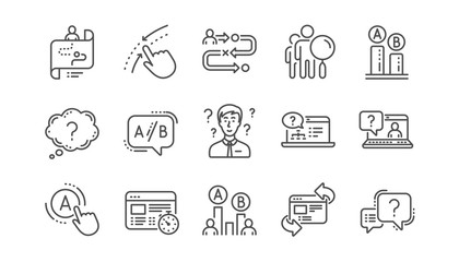 UX line icons. AB testing, Journey path map and Question mark. Quiz test linear icon set.  Vector