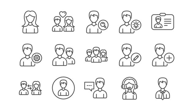 User person line icons. Profile, Group and Support. People linear icon set.  Vector