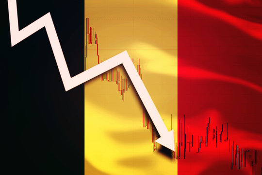 White arrow and stocks chart fall down on the background of the waving flag of Belgium