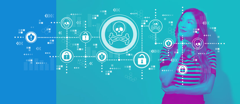 Virus and scam theme with young businesswoman in a thoughtful face