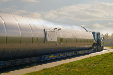 Oversize Load or exceptional convoy. A truck with a special semi-trailer for transporting oversized loads.