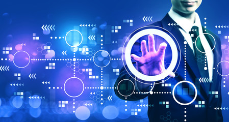 Connected circles chart with businessman on blurred blue light background