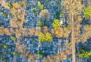 Aerial view on big cemetery, many tombstones and trees with cross roads.