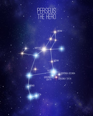 Perseus the hero constellation on a starry space background with the names of its main stars. Relative sizes and different color shades based on the spectral star type. © Matthieu