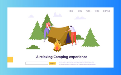 Male and Female Character Collect Tent near Bonfire in Forest Landing Page. Nature Summer Outdoor Travel Concept. People Active Rest Website or Web Page. Flat Cartoon Vector Illustration