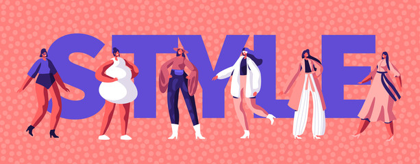 Fashion Style Girl Character Typography Banner Design. Model Woman Shopping at City Street for Art Party. Spring Feminine Clothes Line Advertising Poster Template Flat Cartoon Vector Illustration