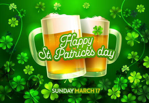 Happy St Patricks Day Card with Beer Lucky Clover Ornament and Calligraphy Font Type. Traditional St. Patric Day Card for Pub Bar Menu or T-Shirt Print Banner. Flat Cartoon Vector Illustration - Powered by Adobe