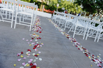 camino de pétalos de rosa para entrada de novios a ceremonia de boda