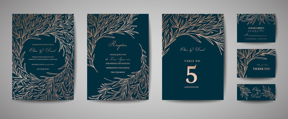Luxury Wedding Save the Date, Invitation Cards Collection with Gold Foil Leaves and Wreath. Vector trendy cover, graphic poster, geometric floral brochure, design template