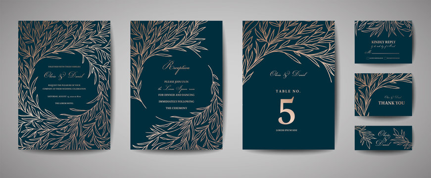 Luxury Wedding Save the Date, Invitation Cards Collection with Gold Foil Leaves and Wreath. Vector trendy cover, graphic poster, geometric floral brochure, design template
