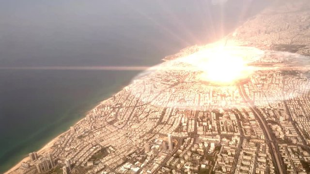 Atom Nuclear Bomb Exploding Over City Powerful Video Compositing simulates real Footage with visual effect elements of Nuclear Explosion over Israel Tel aviv city coast in daylight