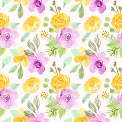 yellow purple flower watercolor seamless pattern