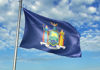 New York state of United States flag waving sky background 3D illustration