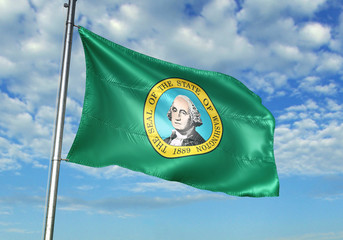 Washington state of United States flag waving sky background 3D illustration