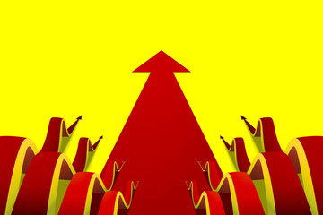 eight wavy red arrows creeping forward on flat arrow yellow background