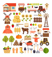Agriculture farming harvesting nature agronomy design graphic flat cartoon sign symbol icon isolated set
