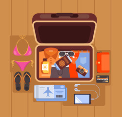 Tourist open case suitcase full of travel things objects elements icons. Summer time traveling vacation concept. Vector flat cartoon isolated graphic design illustration
