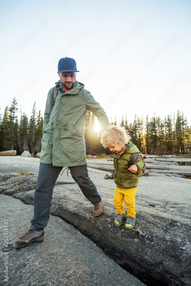 Wall mural happy family visit yosemite national park in california