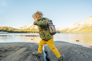 Hiker toddler boy visit Yosemite national park in California