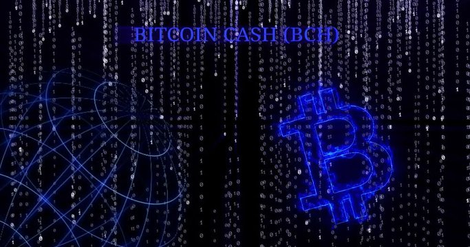 Glowing Bitcoin Cash (BCH) symbol against the falling binary code symbols