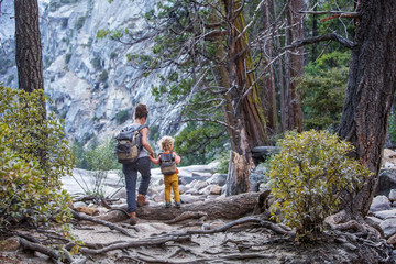 Mother with  son visit Yosemite national park in California