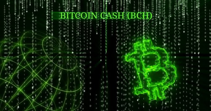 Glowing Bitcoin Cash (BCH) symbol against the falling binary code symbols