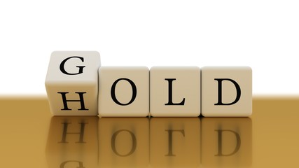 Words gold and hold in white cubes on gold table. 3d rendering creative concept