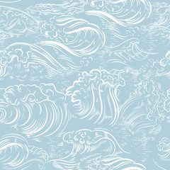 Fashion hand drawn engraved pattern with ocean waves ideal for wallpaper designs