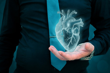 a businessman in a suit and tie with outstretched hand for implementation of graphic futuristic....