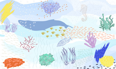 Naklejka na ściany i meble Hand drawn vector abstract cartoon graphic underwater world big illustrations collection set with coral reefs whale fishes seaweeds corals
