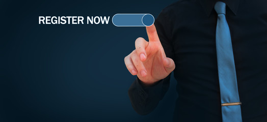 Register now - businessman switching on button on virtual screen register now,web registration...