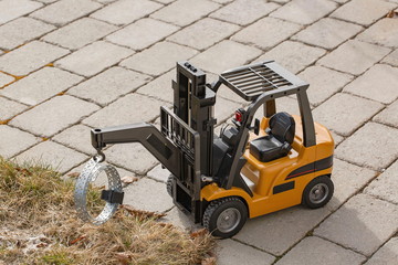 View of radio controlled model forklift. Free time Children and adults concept. Hobby. Toys. 