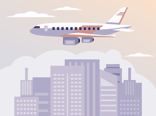 Airplane flying above city town buildings. Traveling tourism vacation concept. Vector flat cartoon graphic design illustration banner poster