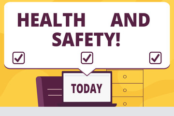 Word writing text Health And Safety. Business concept for being in good condition harmless Workouts Healthy food