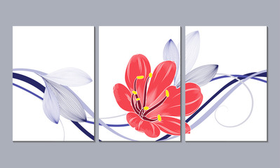 Floral background with flowers of clivia. Element for design. Set of 3 canvases for wall decoration in the living room, office, bedroom, kitchen, office. Home decor of the walls. 