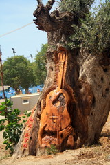 A guitar carved on the tree on the Matala beach on the Crete island.