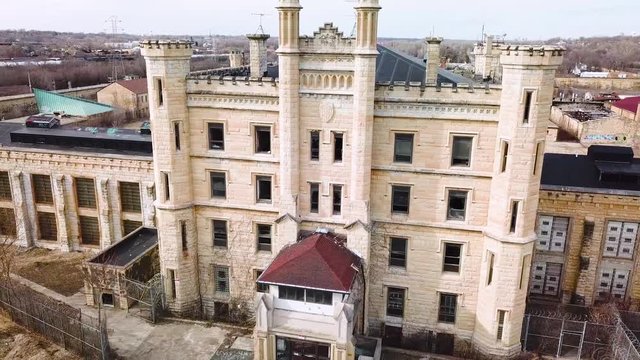 Aerial of the derelict and abandoned Joliet prison or jail, a historic site since construction in the 1880s.