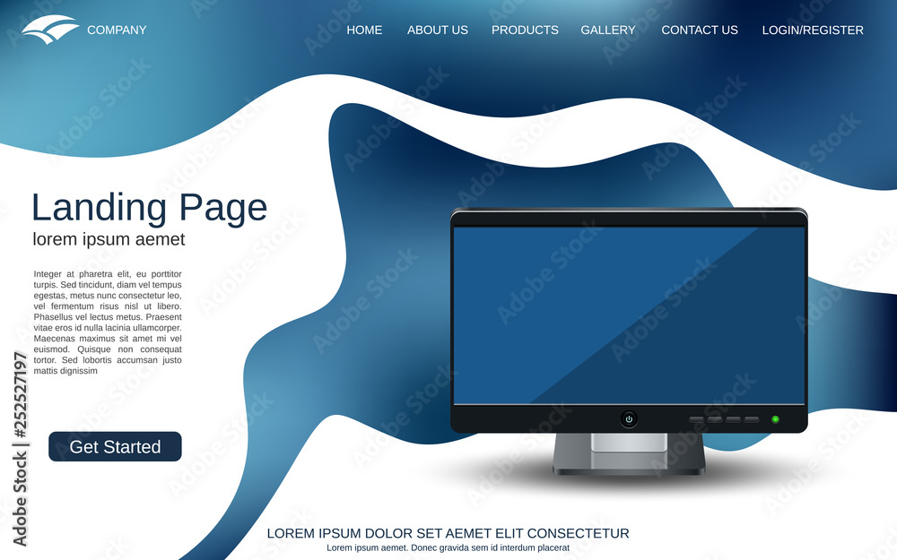Wall mural website landing page design template. abstract vector background with desktop monitor illustration