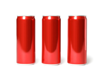 Blank metal red cans on white background. Mock up for design