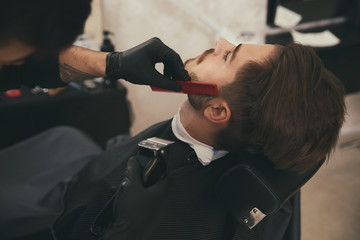 Hairdresser trimming client's beard in barbershop. Professional shaving service