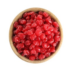 Bowl with tasty cherries on white background, top view. Dried fruits as healthy food