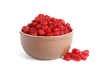 Bowl with tasty cherries on white background. Dried fruits as healthy food